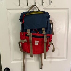 Topo Designs Blue and Red Backpack with Tan Accents